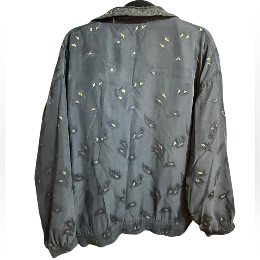 Vintage Mureli 100% Silk Feather-Print Jacket Black Bomber Style ’80s/’90s Sz L - Picture 2 of 15
